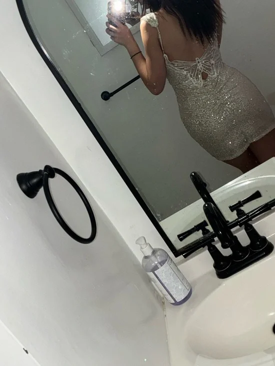 Lucy in the Sky Sequin Mini Dress in Champagne Gold Butterfly Back ruched cowl - Picture 3 of 4